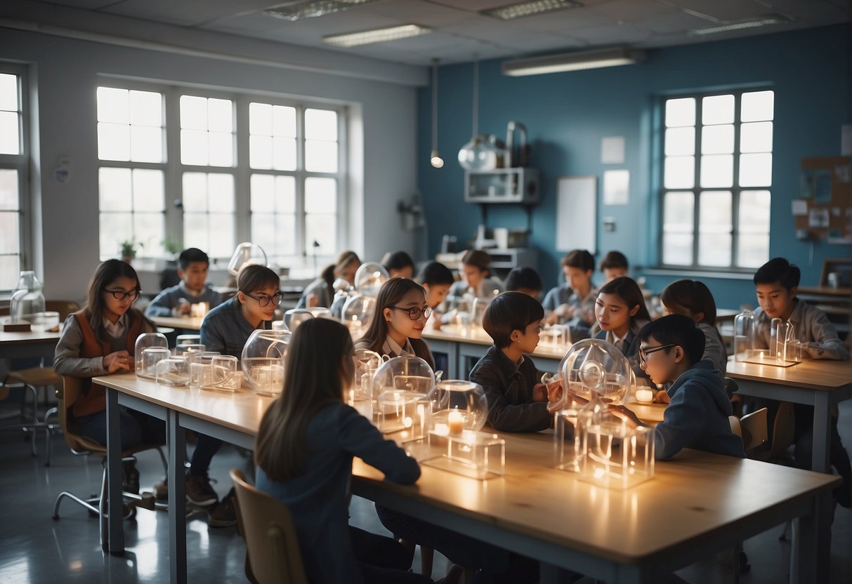The scene depicts a bright classroom with students engaged in hands-on experiments and research, surrounded by books, charts, and scientific equipment