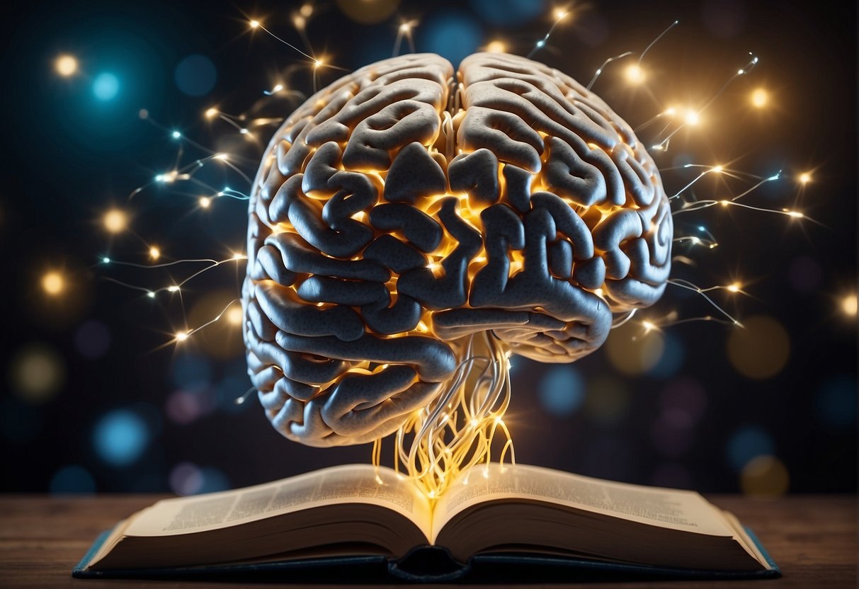 The scene shows a brain with multiple language books and a glowing connection between them, symbolizing the stimulation of brain activity through foreign language learning