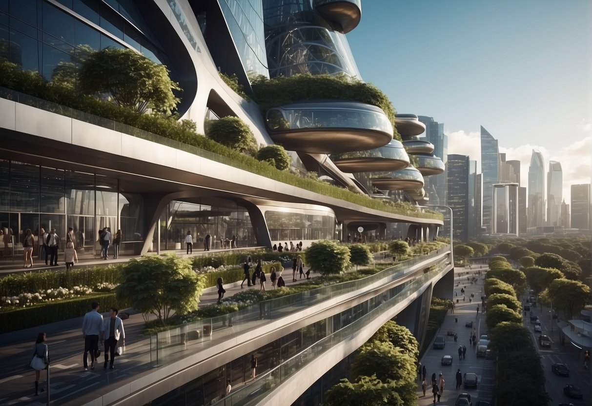 A bustling city with futuristic buildings and green spaces, showcasing the importance of innovation in people's lives