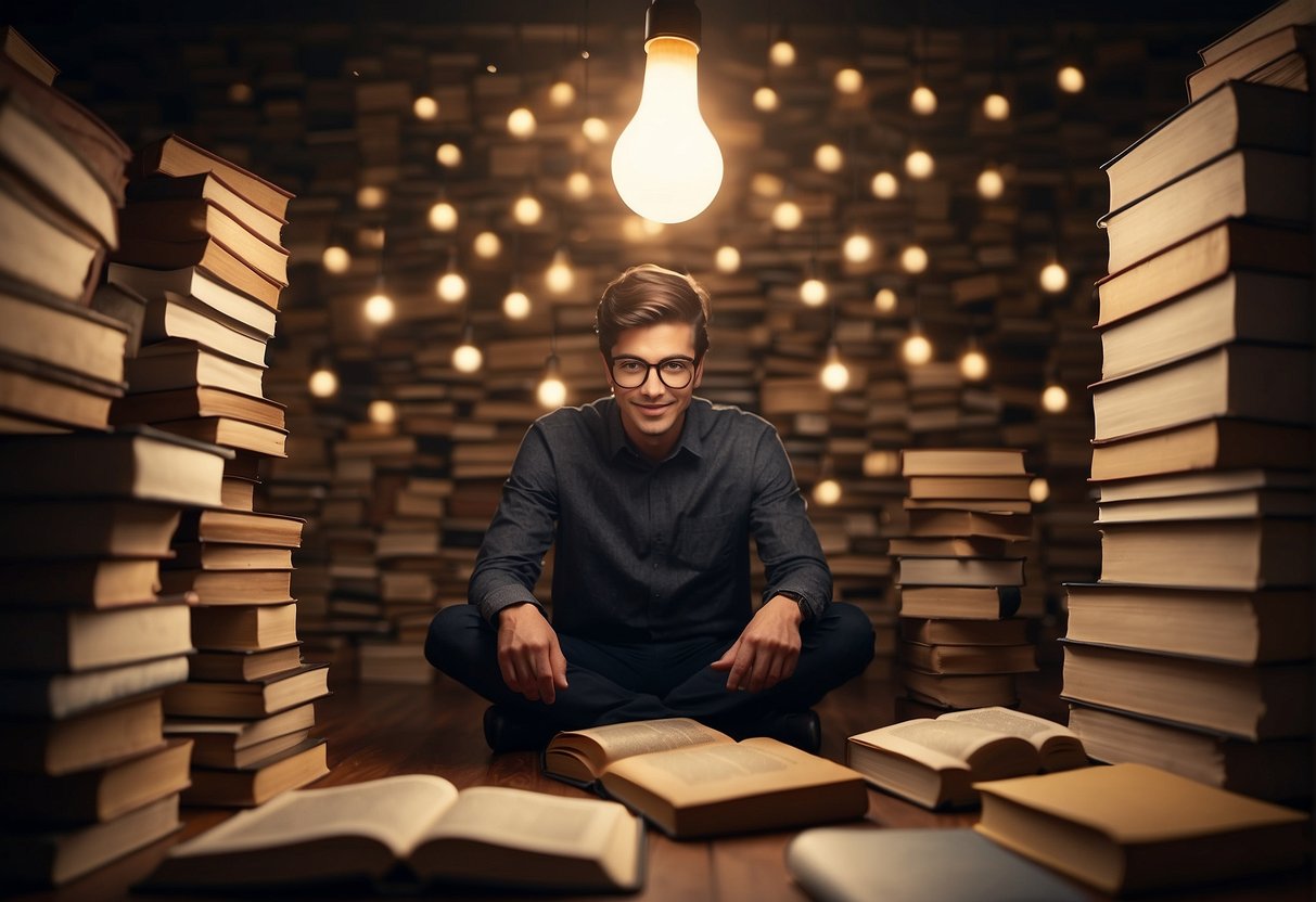 A person surrounded by books, with a light bulb above their head, symbolizing the value of knowledge in personal development