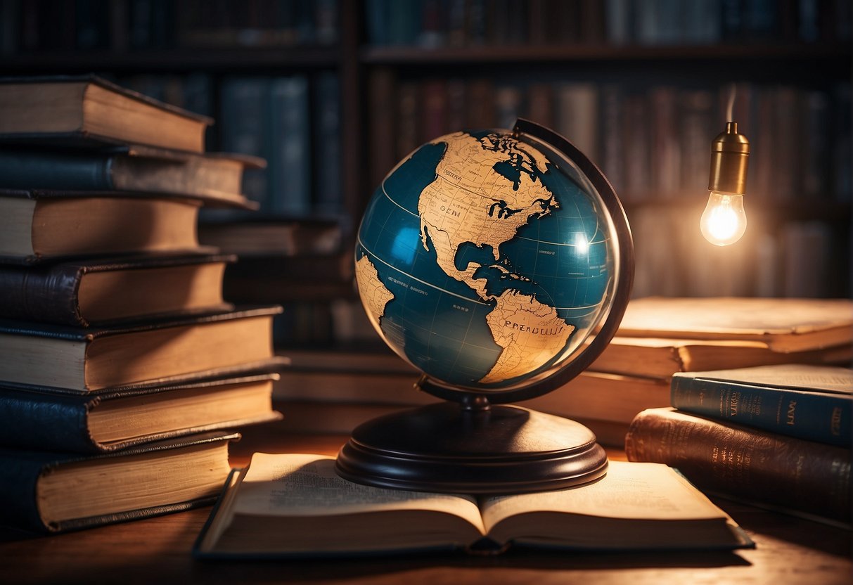 A pile of books and a globe sit on a desk, surrounded by graphs and charts. A light bulb hovers above, symbolizing knowledge as the greatest asset in the economy