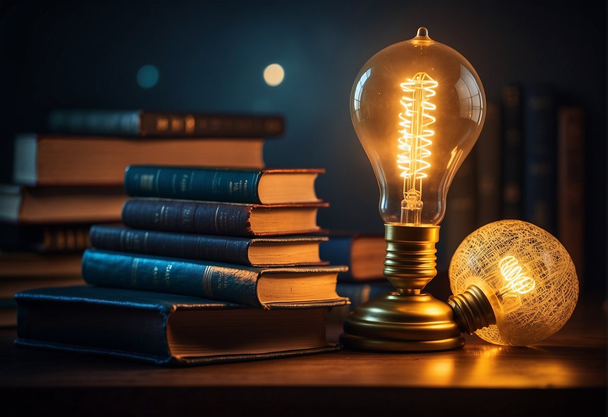 A pile of books and a glowing light bulb symbolize knowledge as the greatest treasure