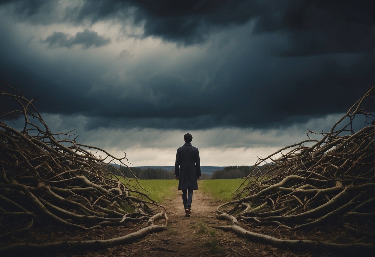 A person stands alone, surrounded by dark clouds and tangled roots, symbolizing self-doubt. A path leads forward, towards a brighter horizon, representing overcoming the struggle