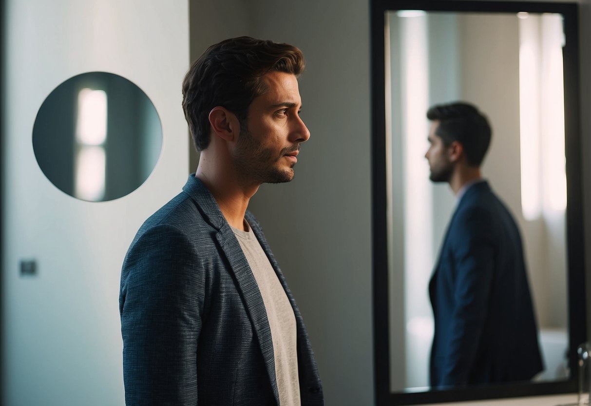A person stands in front of a mirror, looking unsure. A thought bubble shows negative self-talk. They take a deep breath and stand tall, determined to overcome self-doubt