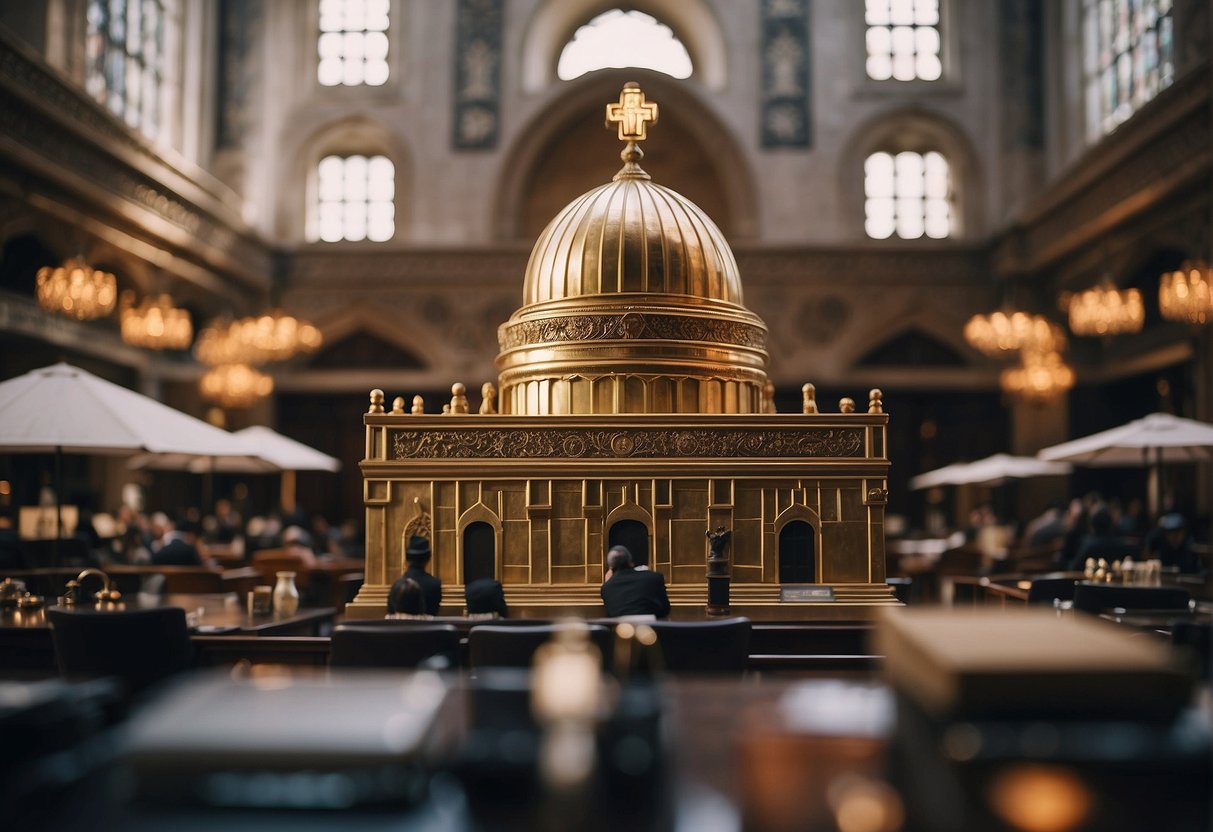 A synagogue stands tall, surrounded by bustling businesses. Symbols of Judaism and commerce intertwine, representing the cultural and religious heritage of Jewish business ownership