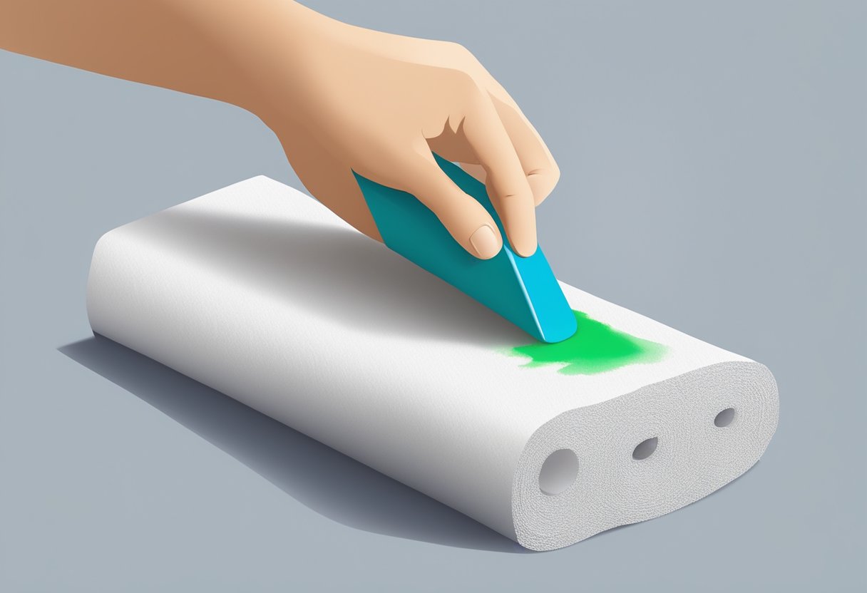 A hand holding a brush, wiping excess paint on a paper towel, preventing buildup in the ferrule