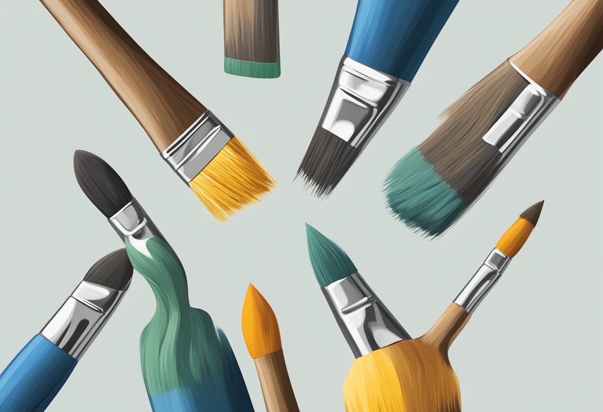 A hand holding various paint brushes, with a close-up of the ferrule to show paint buildup. Different brush sizes and shapes are displayed to illustrate proper brush selection