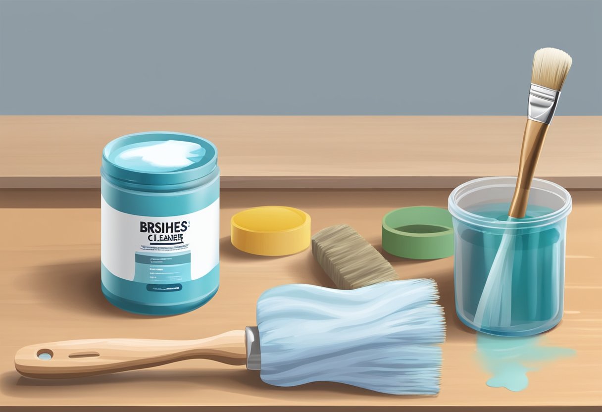 Brushes soaking in a cleaning solution, with a hand gently agitating them to remove paint buildup. A jar of brush cleaner and a cloth are nearby
