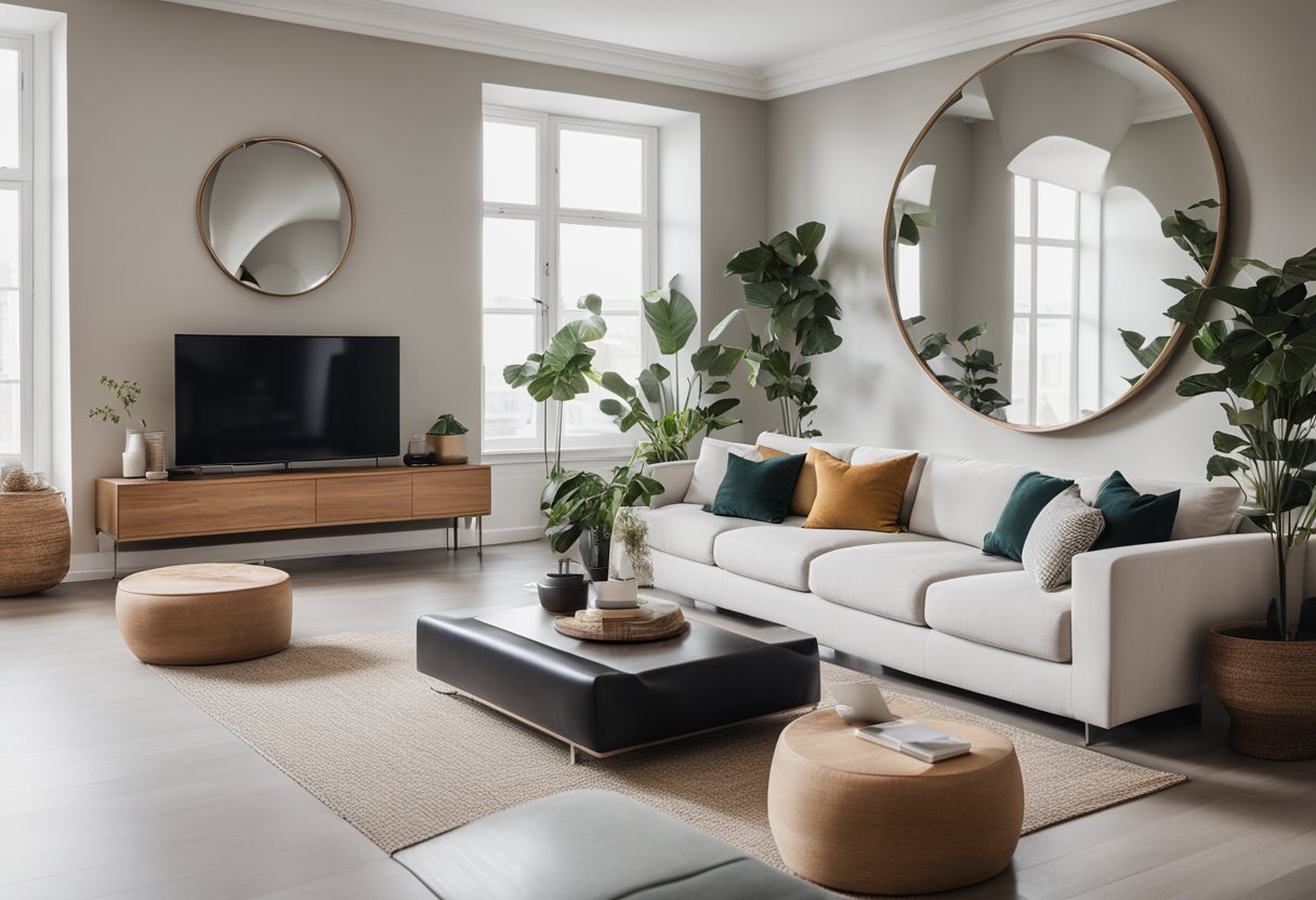 A living room with light-colored walls, minimal furniture, and strategically placed mirrors to create the illusion of space