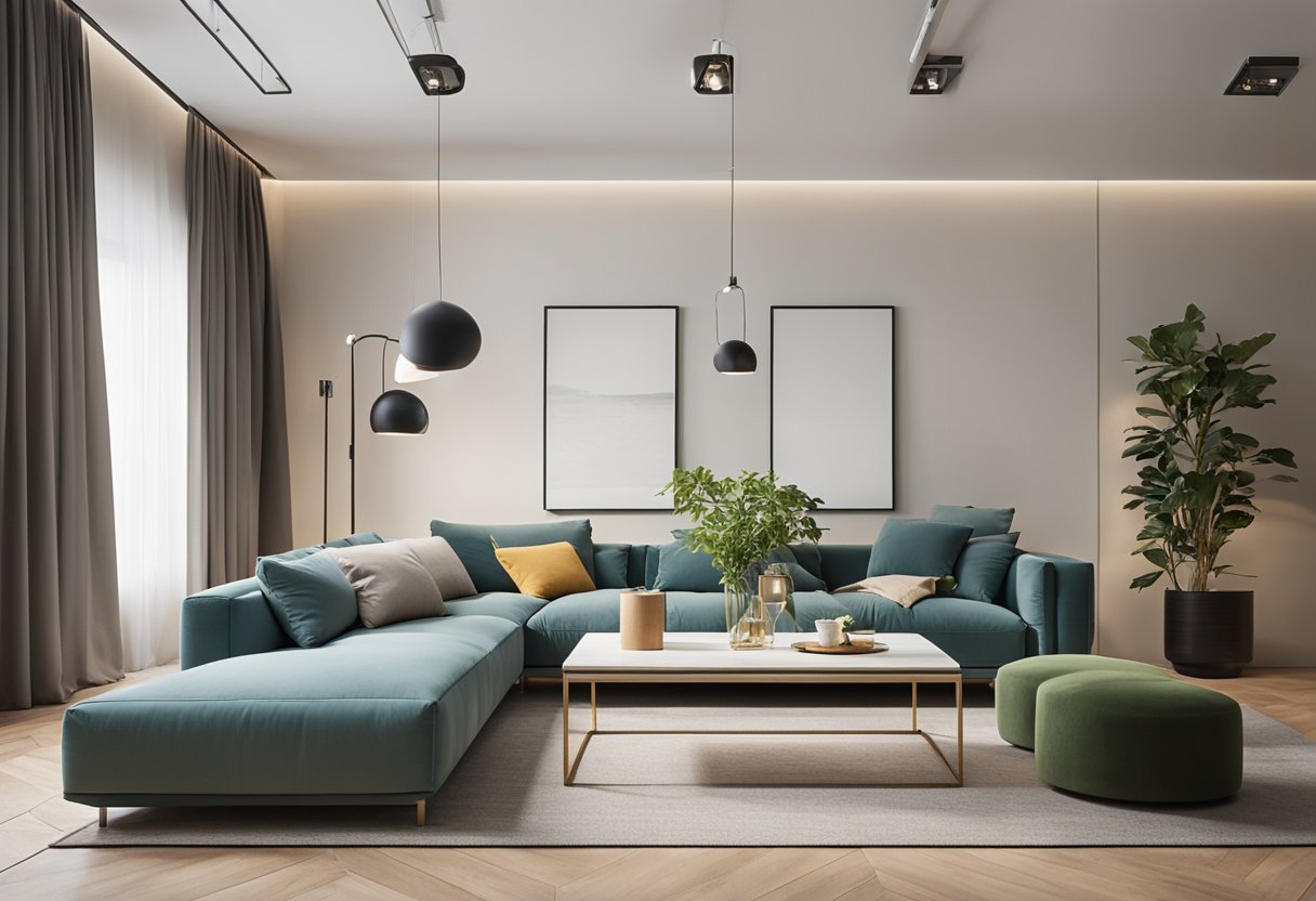 A living room with light-colored walls, a large mirror to create depth, and minimal furniture arranged to maximize space