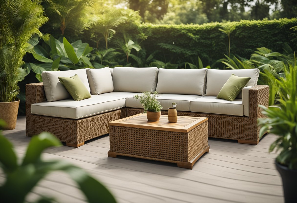 An outdoor sofa set against a lush green backdrop, made of weather-resistant materials like rattan, wicker, or teak, with soft cushions for comfort