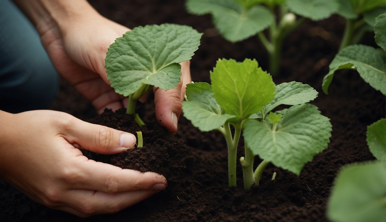 Cucumber plant leaves being carefully tended and planted in rich, dark soil