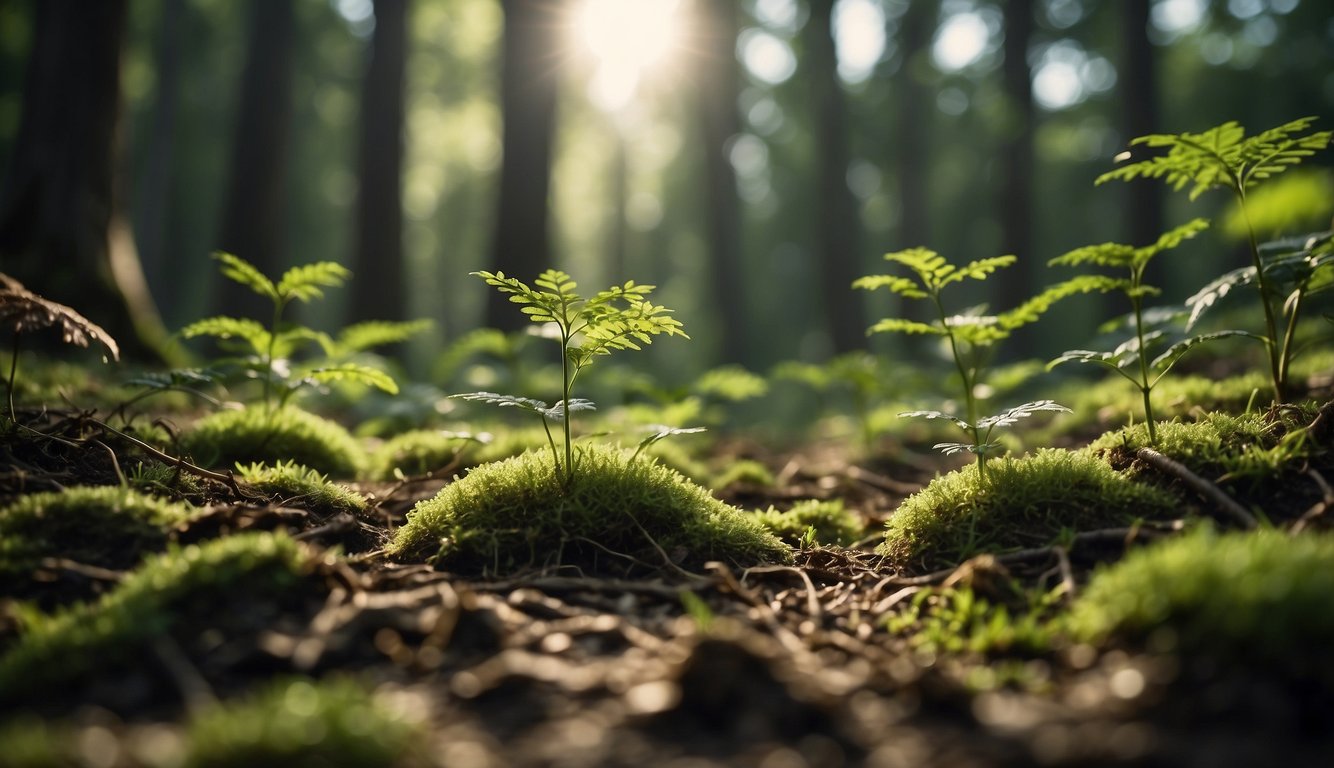 A forest floor with nitrogen-fixing trees towering above, their roots reaching deep into the soil, surrounded by diverse plant life thriving in their presence