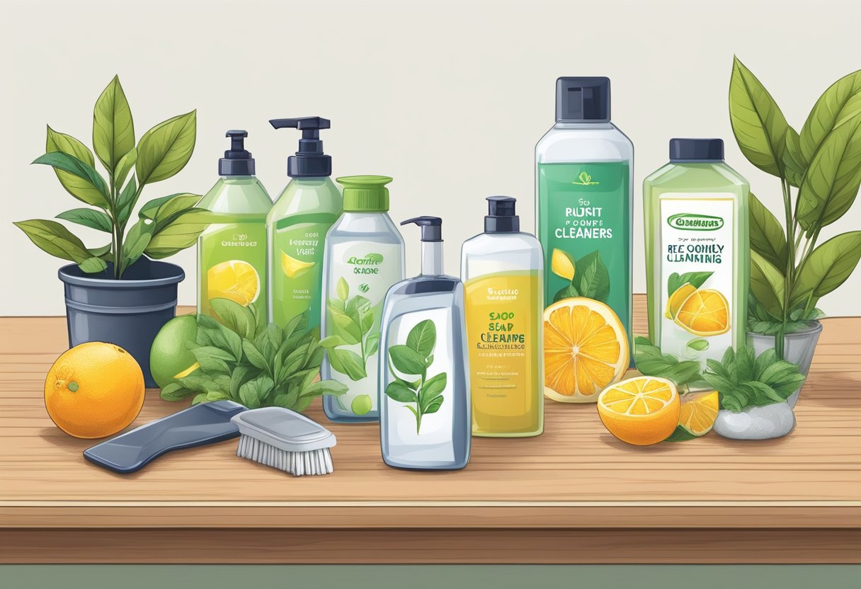 A table with various eco-friendly brush cleaning options: soap, vinegar, citrus solvent, and plant-based cleaners. A recycling bin nearby