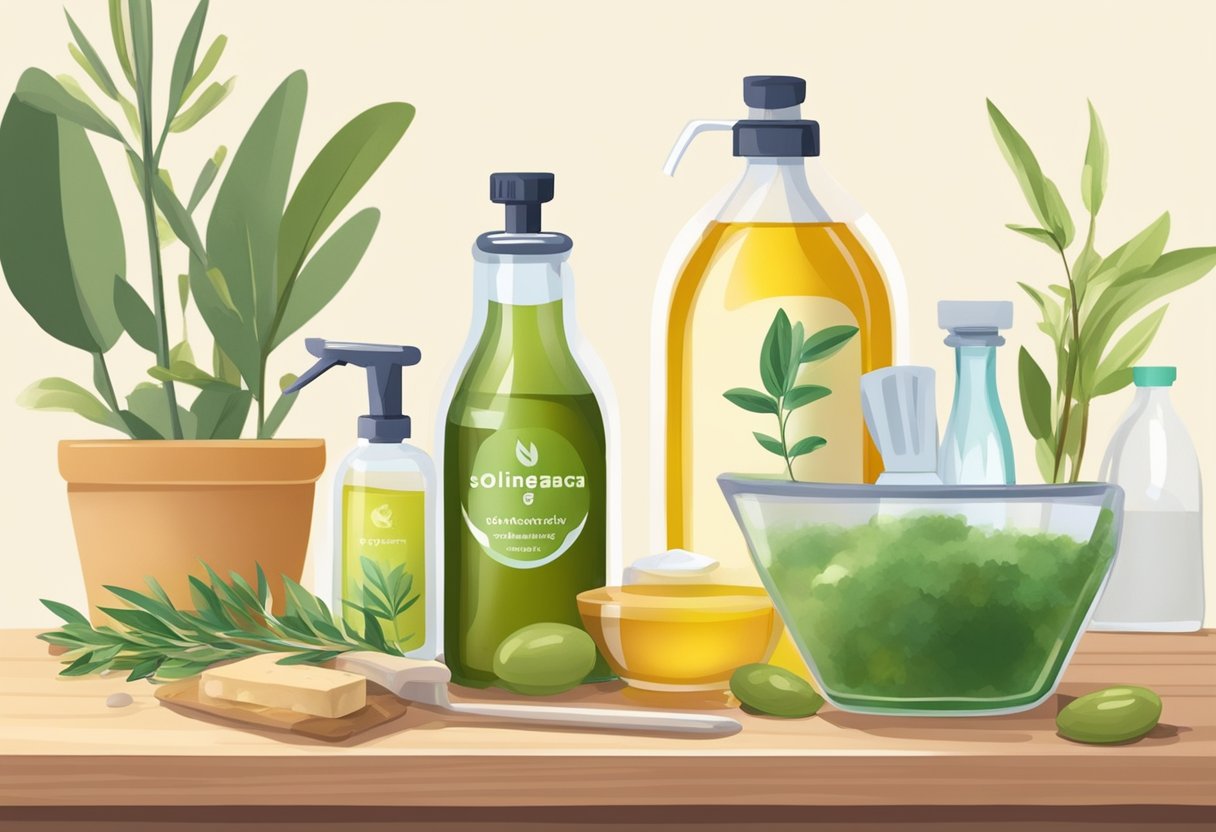 A table with various eco-friendly alternatives for brush cleaning solvents: vinegar, baking soda, olive oil, and natural soap. A plant-based solvent sits next to a reusable glass jar