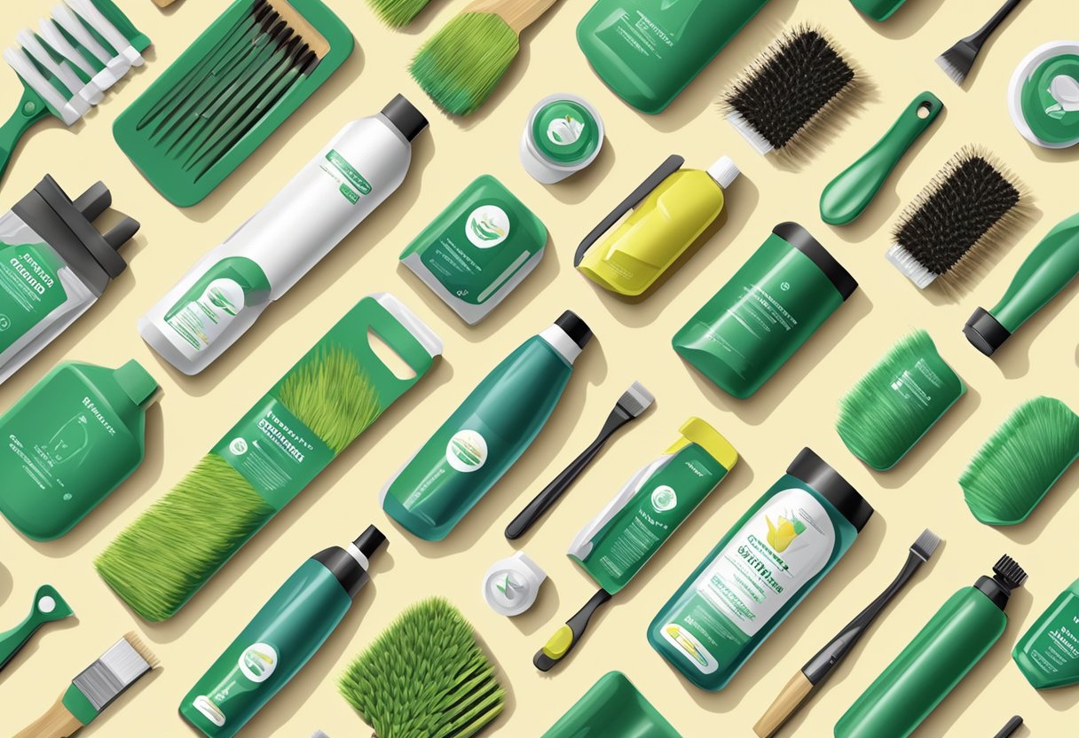 Eco-friendly brush cleaning agents in use on a variety of dirty brushes and tools, with biodegradable packaging and labels prominently displayed