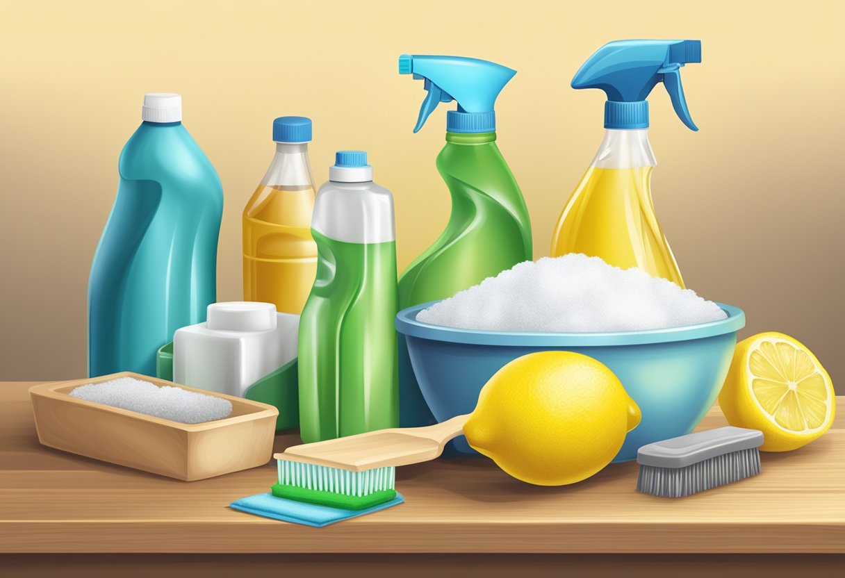 A table with various eco-friendly cleaning products, including vinegar, baking soda, and lemon, next to a brush and a container for solvent disposal