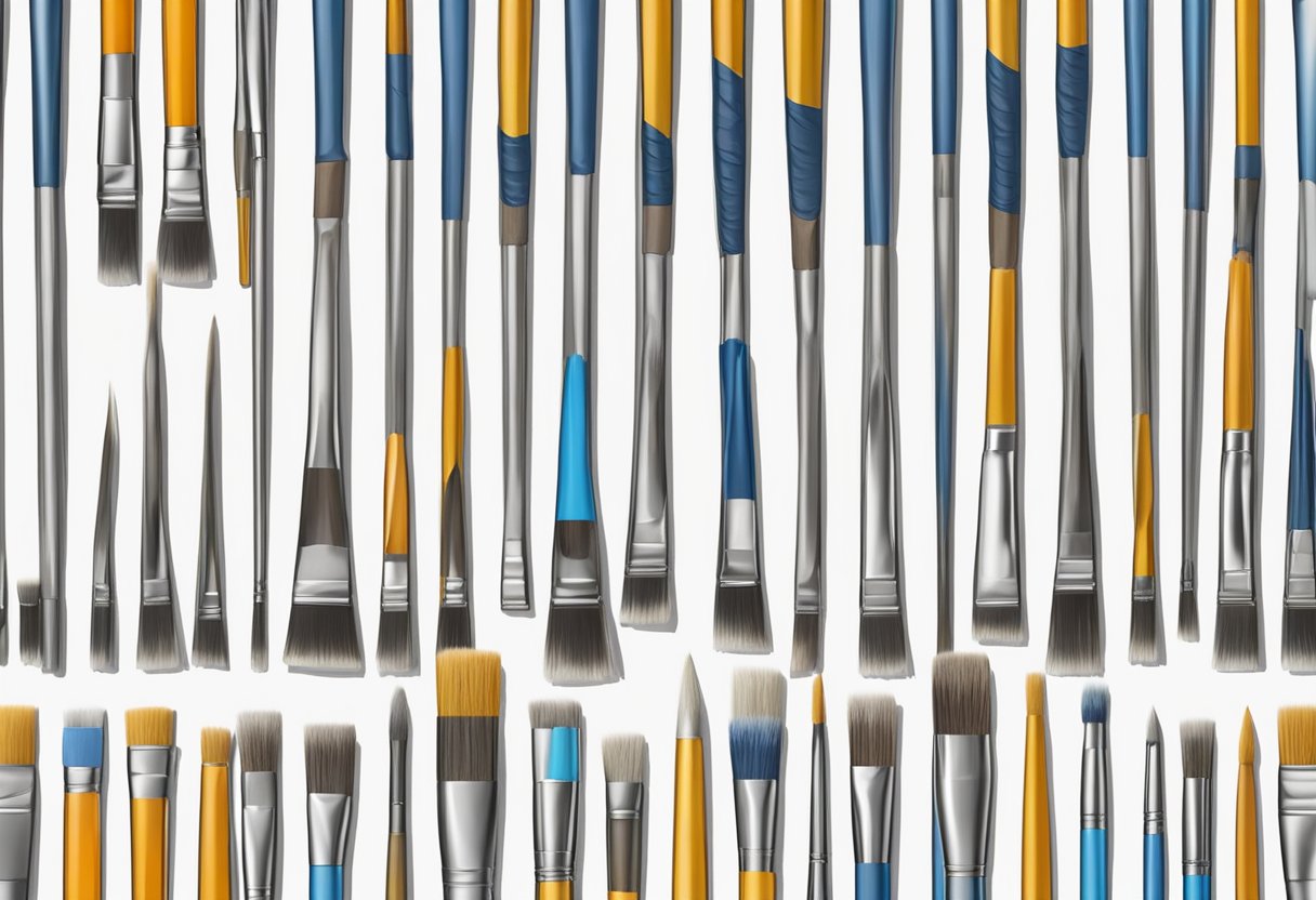 Paintbrushes arranged in a standing position in a clean and dry container, with bristles facing up to maintain their shape
