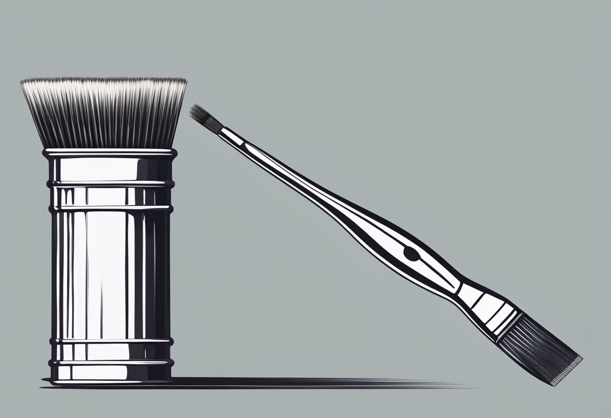 A paintbrush sits upright in a clean, dry container, bristles facing up. A gentle brush comb is nearby for occasional cleaning