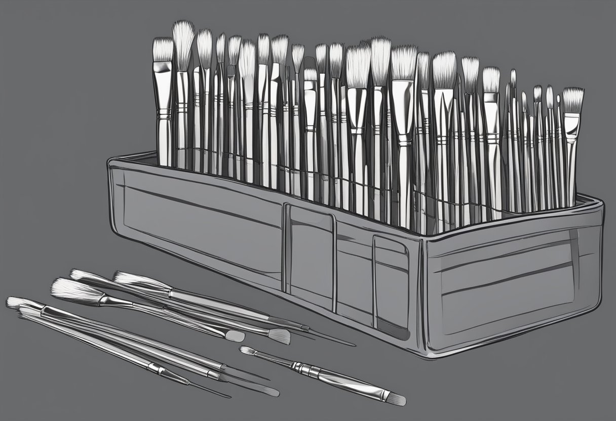 Paintbrushes arranged neatly in a container, bristles facing up, to prevent bending or flattening. A protective cover or sleeve can also be used to keep the bristles in their original shape