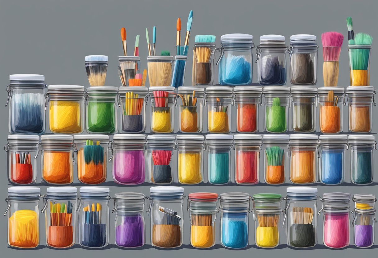 Paintbrushes neatly organized in a jar, bristles facing up. Airtight containers for long-term storage. Proper labeling for easy identification