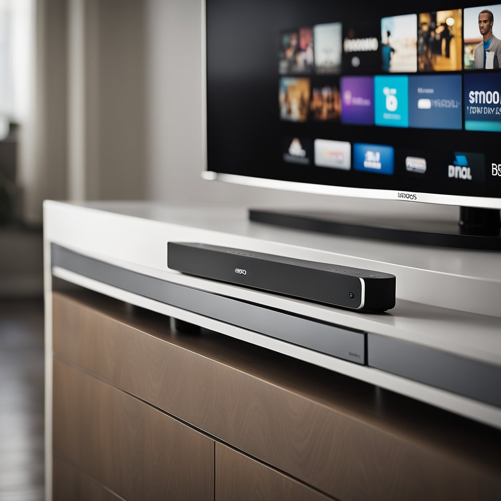 The Sonos Beam is connected to a TV via HDMI and to the internet via Wi-Fi, while also being linked to other Sonos speakers in the room