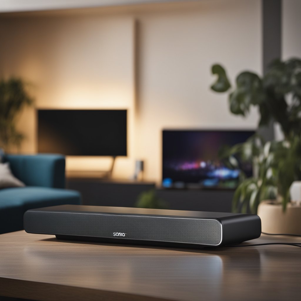The Sonos Beam is being connected to a TV and power source with cables, while the user follows the setup instructions on a smartphone app