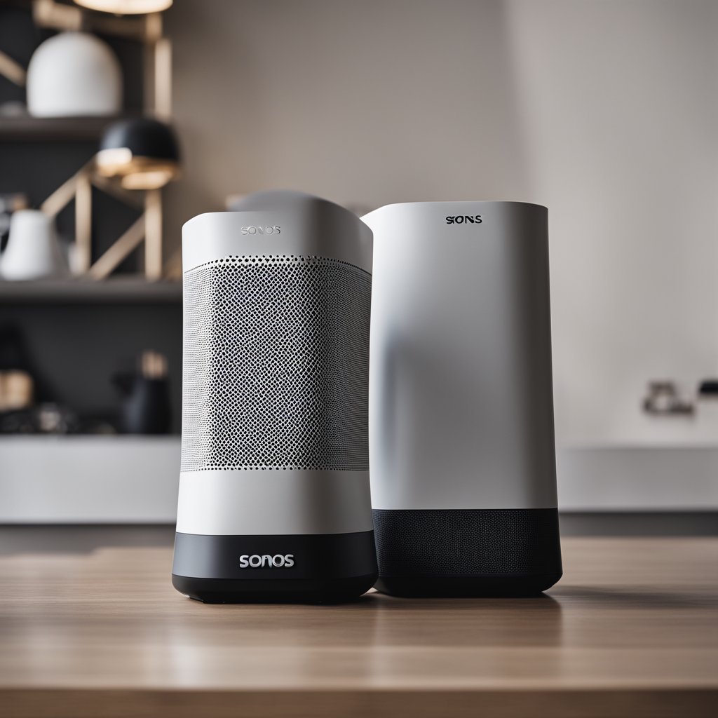 Two Sonos speakers face each other on a clean, modern surface. The Sonos One and Sonos One SL are sleek and minimalist in design