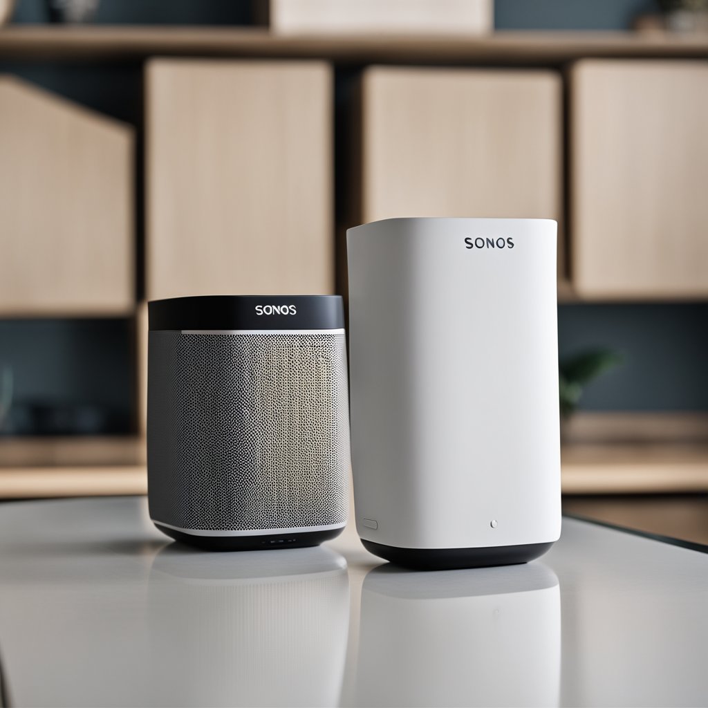 The Sonos One and One SL sit side by side, showcasing their sleek design and high-quality construction. The minimalist yet sophisticated appearance highlights their premium build