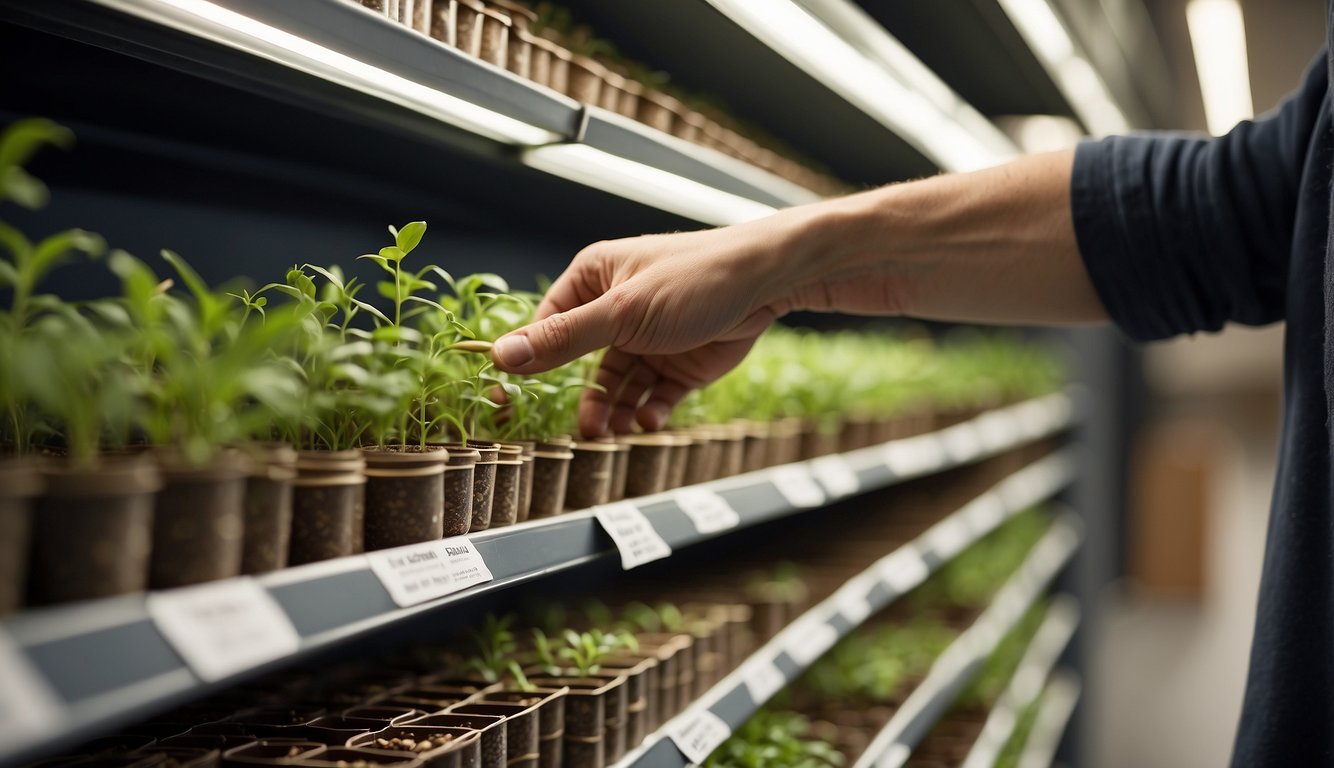 A hand reaches for packets of fast growing seeds on a shelf