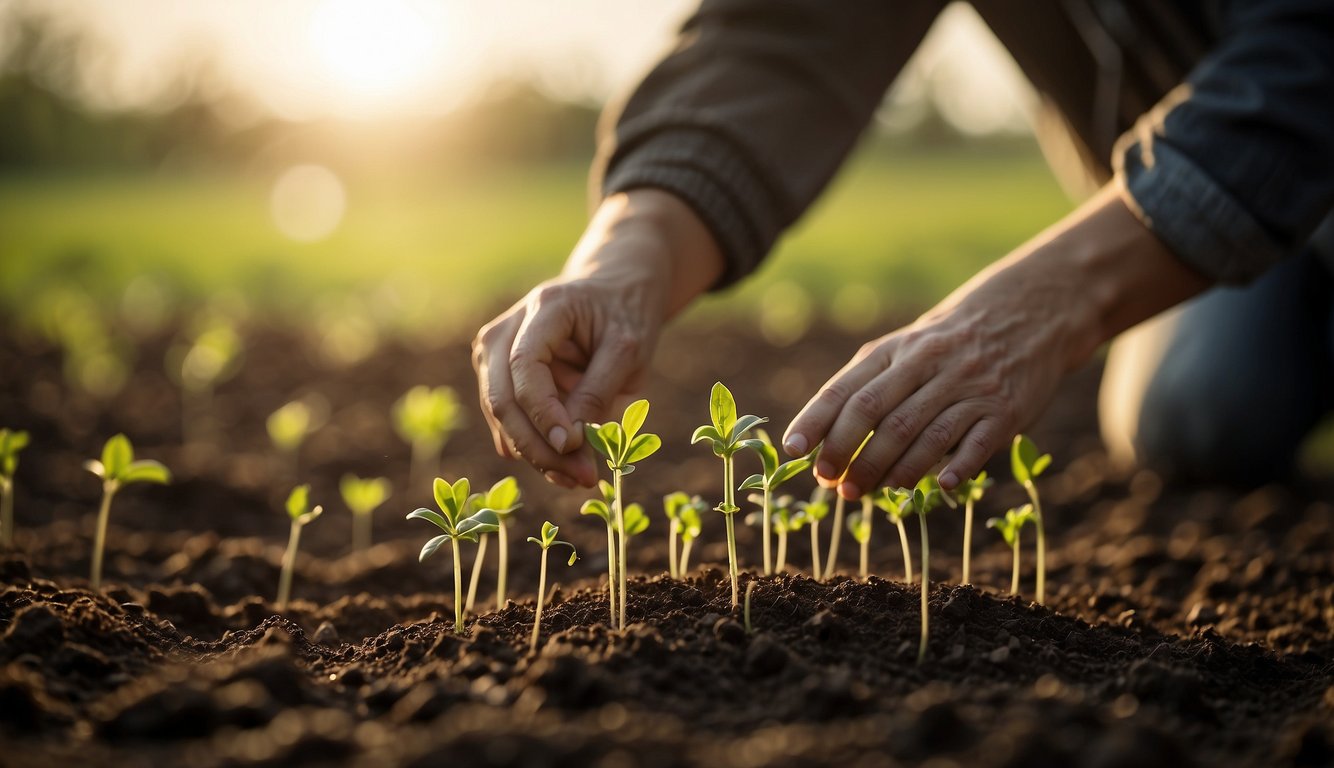 Seeds are being swiftly planted in rich soil, with careful hands guiding them into the earth. The sun shines down, warming the ground and encouraging the seeds to sprout and grow quickly