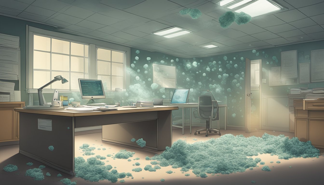 A dimly lit room with mold spores floating in the air, causing respiratory distress. Medical charts and research papers scattered on a desk, highlighting the complexities of CIRS