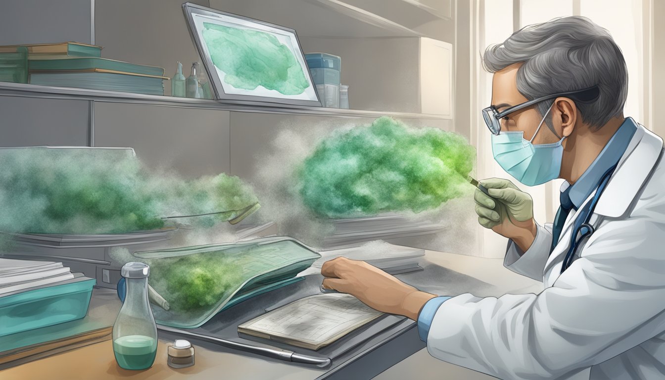 A doctor examines a moldy environment, using diagnostic tools and referencing medical literature on CIRS