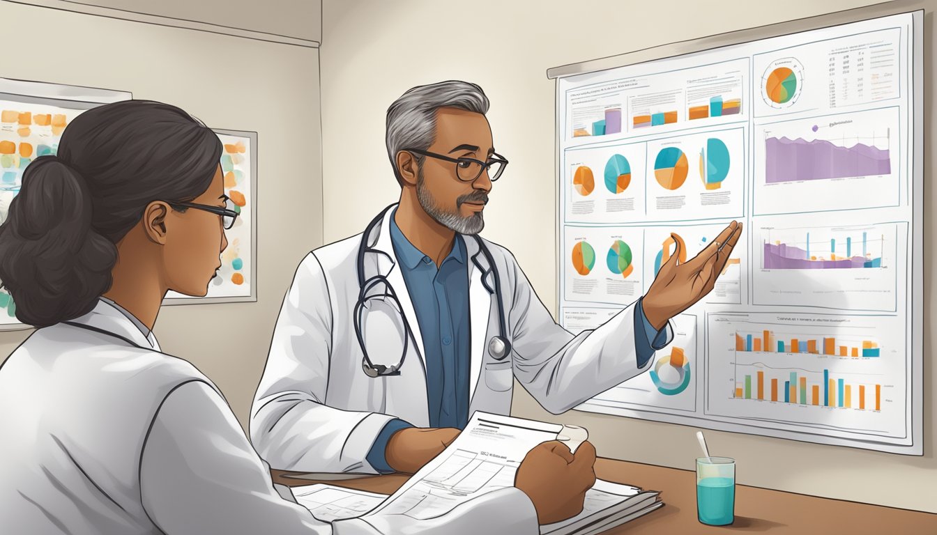 A doctor explaining treatment strategies for CIRS to a patient. Charts and diagrams on the wall illustrate mold-induced illness essentials