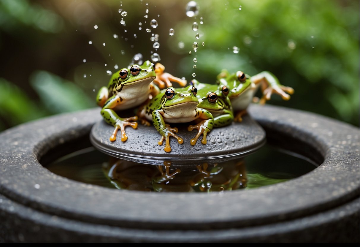 Frogs leaping out of a well, surrounded by symbols of practicality and biblical imagery