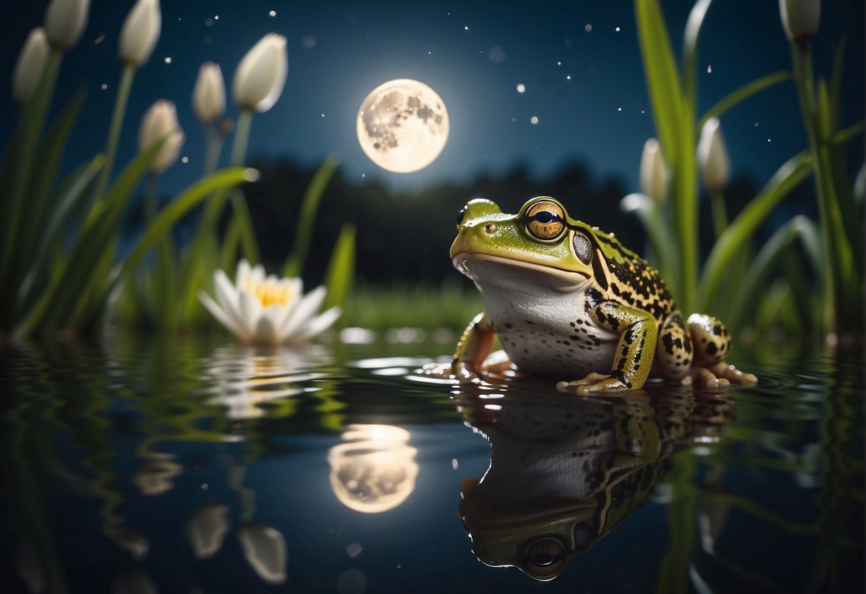 Frogs leaping from a pond, surrounded by lilies and reeds, under a full moon