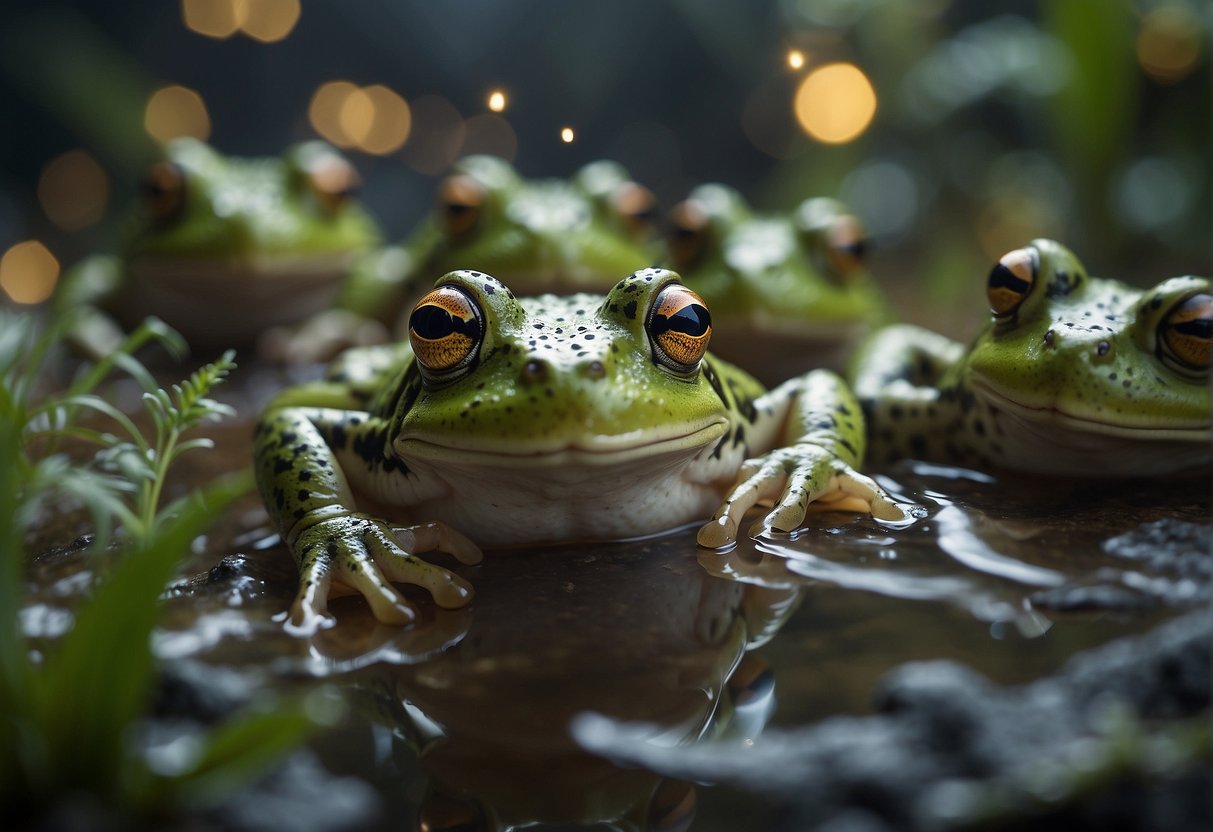 Frogs surround a figure, symbolizing warnings and negative connotations in dreams