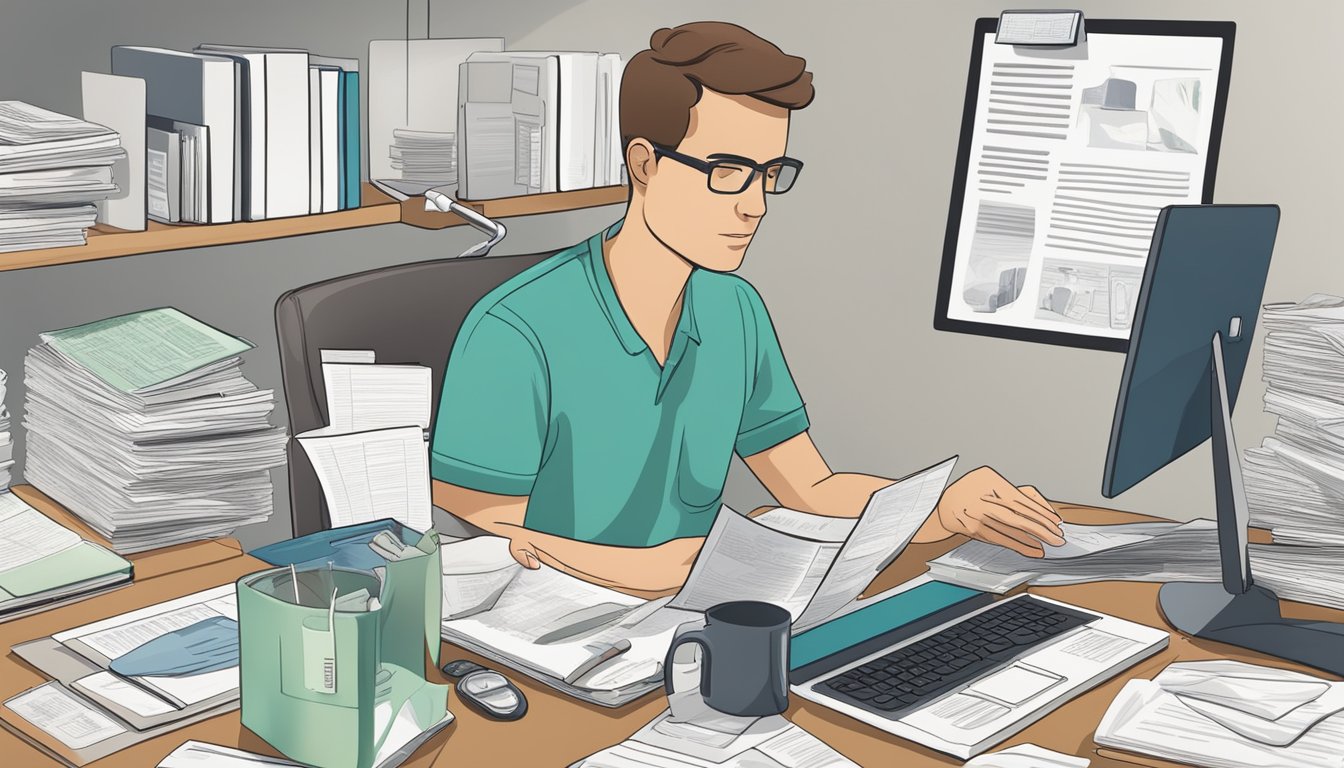 A person researching mold exposure symptoms, surrounded by medical documents and a computer, seeking relief from Chronic Inflammatory Response Syndrome (CIRS)