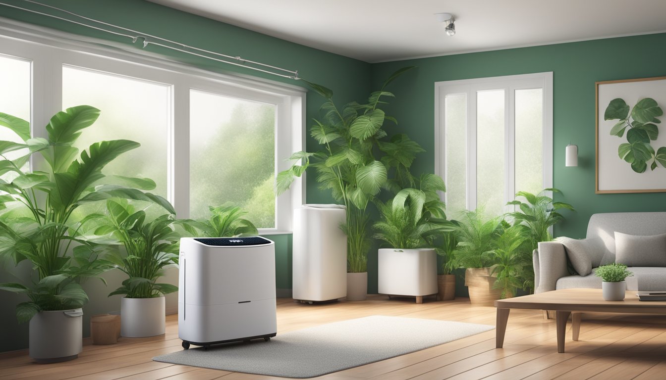 A clean, well-ventilated room with dehumidifiers and air purifiers, surrounded by lush green plants. Mold-resistant materials and surfaces