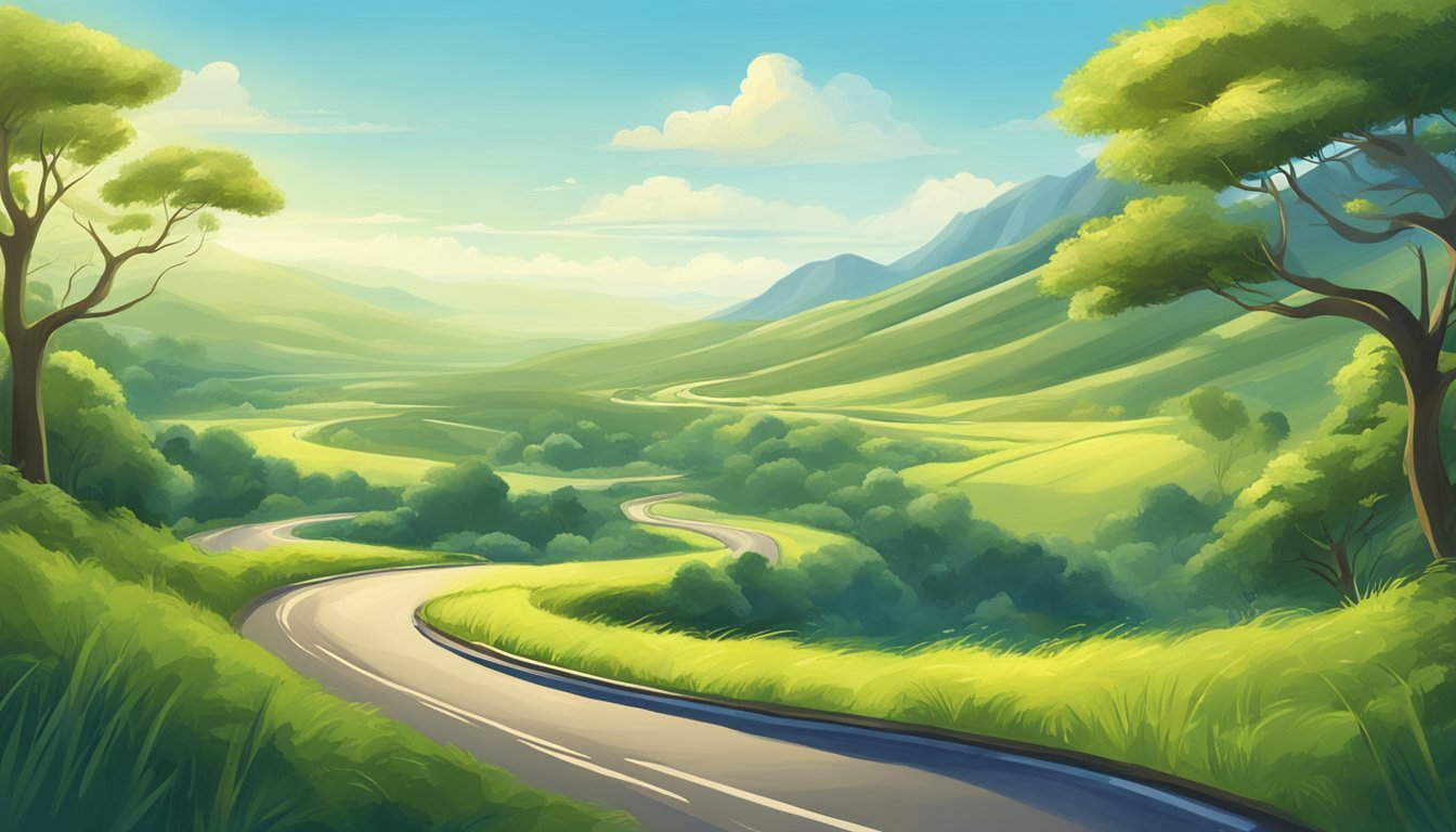 A serene landscape with a winding road leading towards a distant horizon, surrounded by lush greenery and clear blue skies