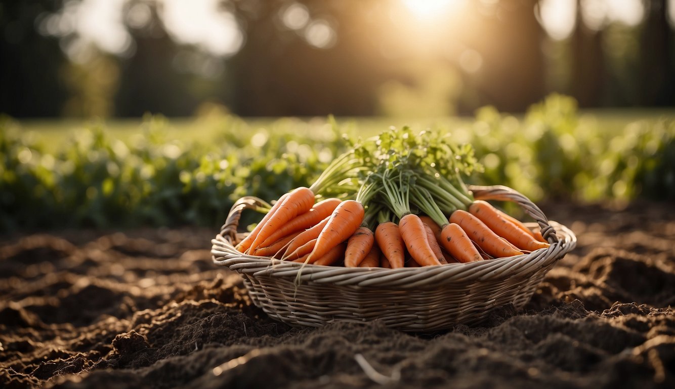 Carrots being pulled from the ground and placed in a basket, with the sun shining overhead