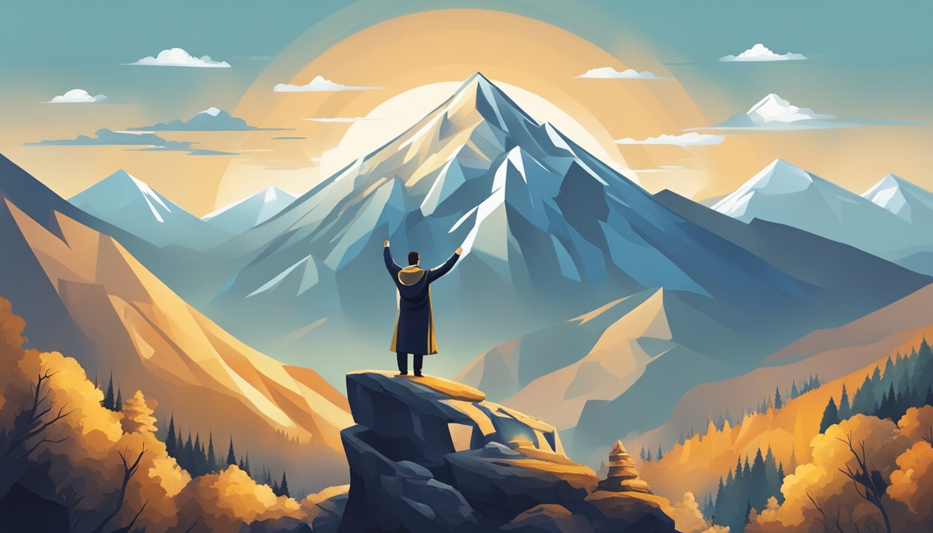 A figure stands tall, surrounded by symbols of victory and resilience. A mountain peak looms in the background, representing the challenges overcome