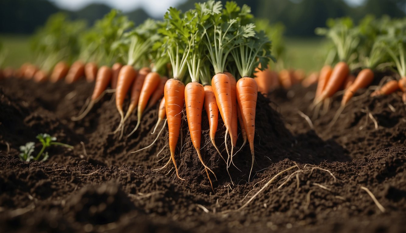Carrots freshly pulled from the ground, with roots still attached, surrounded by rich soil and a few green leafy tops