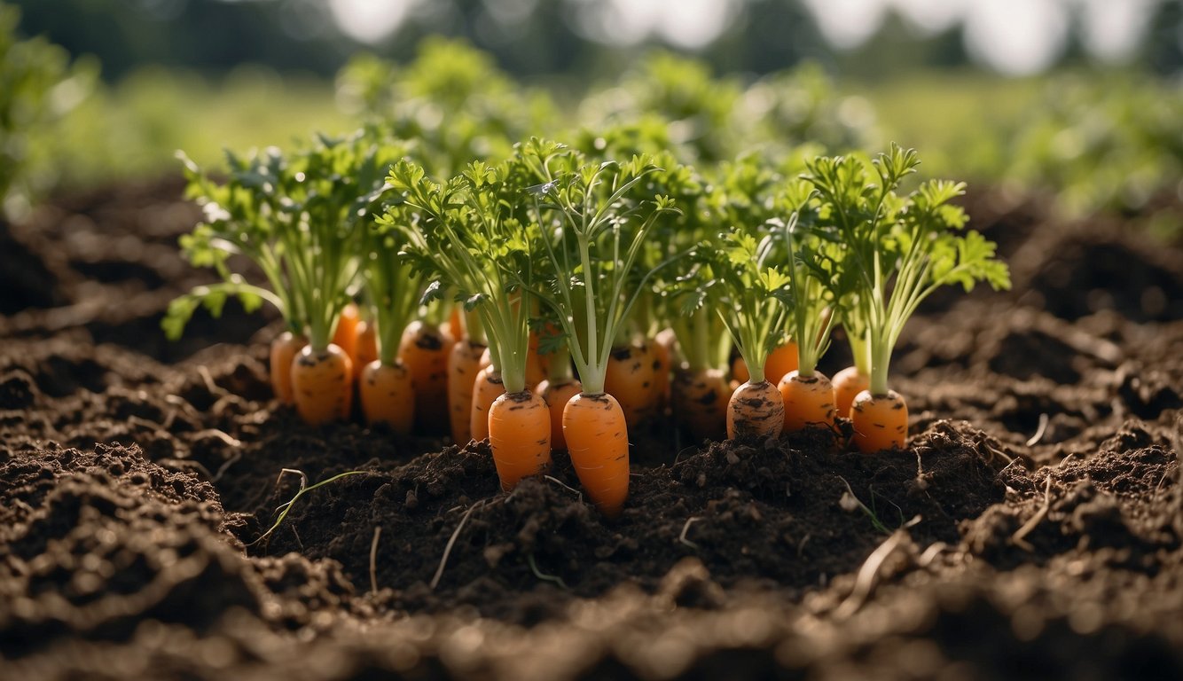 Carrots remain in the ground for up to 3 months. The scene shows carrots growing in the soil with green foliage above