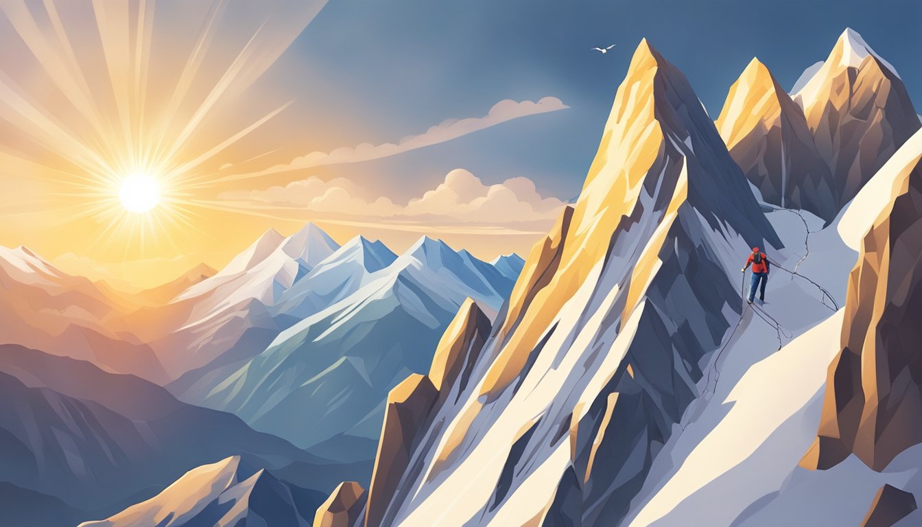 A mountain climber reaching the summit, overcoming obstacles along the way. The sun shines brightly, symbolizing triumph over Chronic Inflammatory Response Syndrome