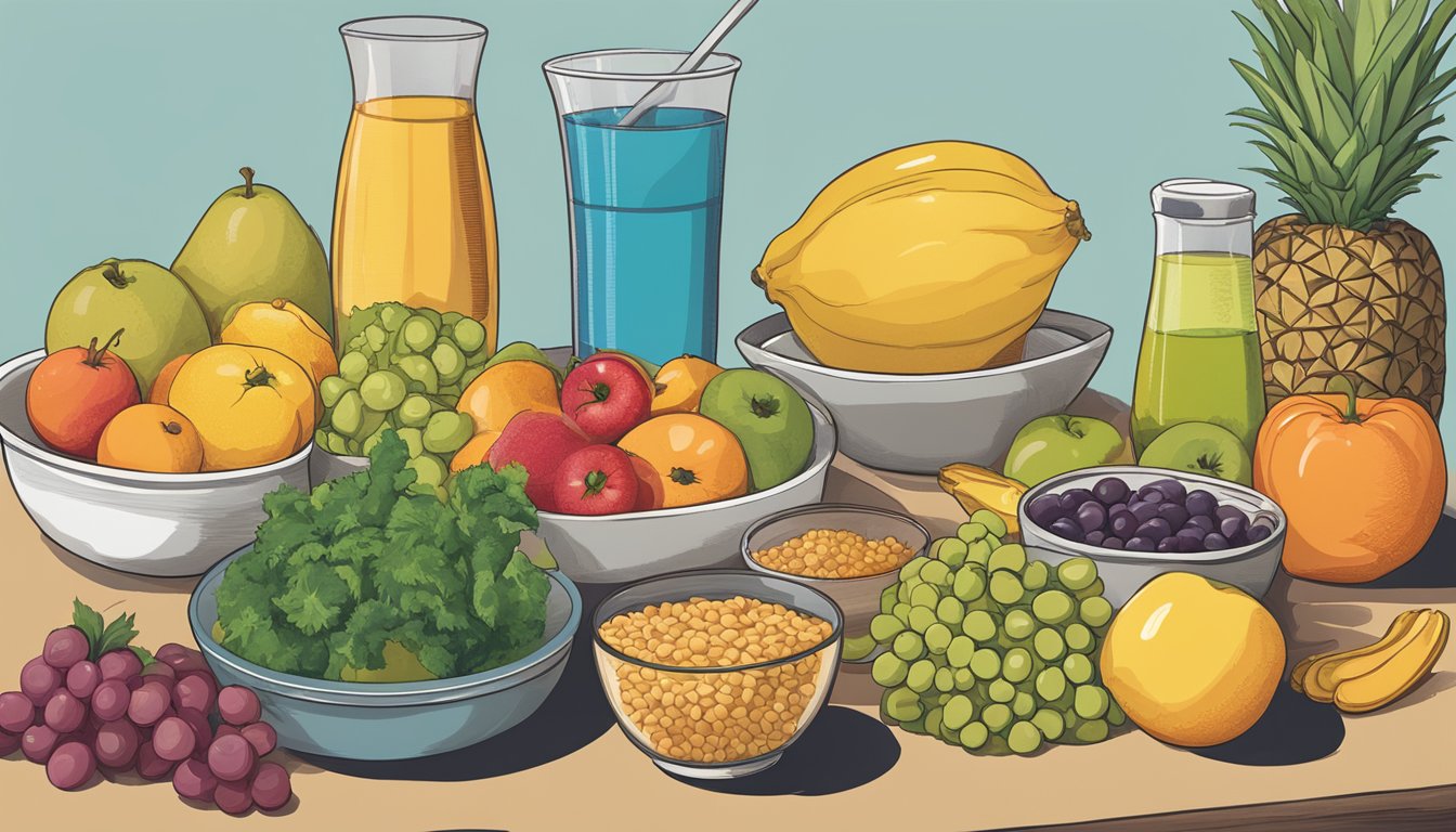 A table filled with colorful fruits, vegetables, and whole grains, alongside supplements and a glass of water. Avoidance of processed foods and sugary drinks is evident