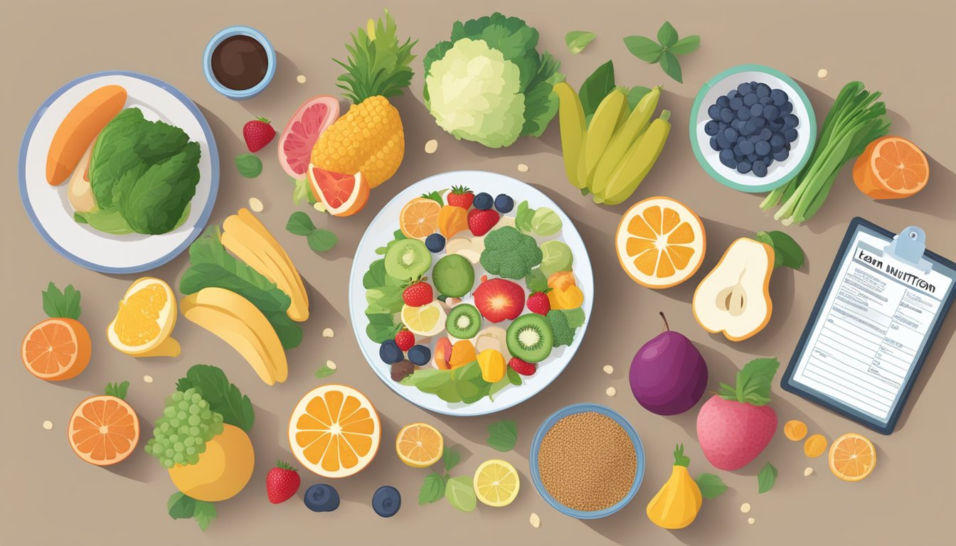 A table with a variety of colorful fruits, vegetables, lean proteins, and whole grains. A nutrition label and a list of CIRS trigger foods are displayed nearby