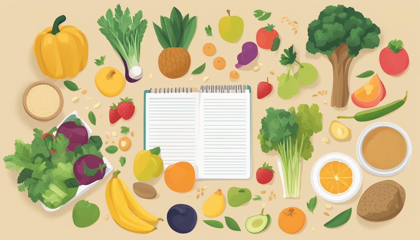 A table filled with colorful fruits, vegetables, and whole grains, alongside a list of dietary dos and don'ts for managing CIRS and special dietary considerations