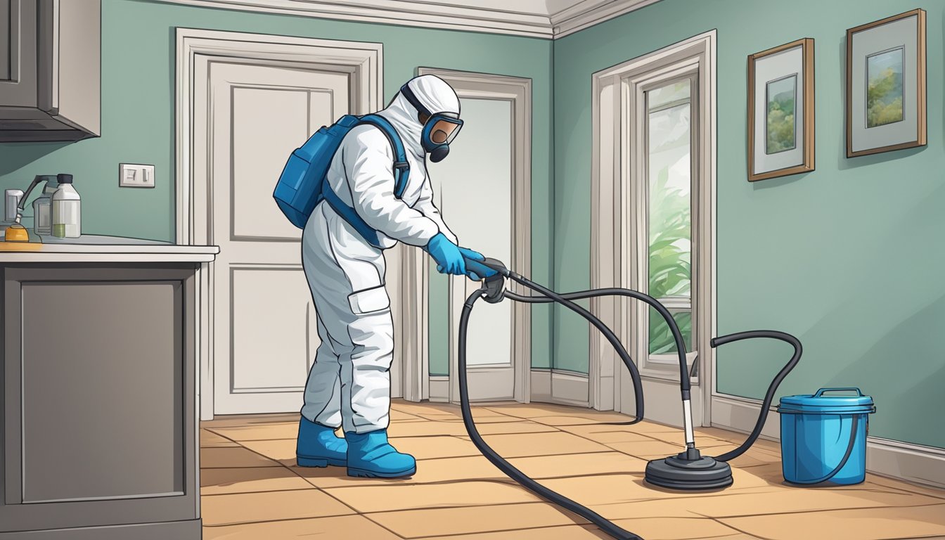 A technician in protective gear cleans mold from a home, using specialized equipment and chemicals to create a safe living environment for CIRS sufferers