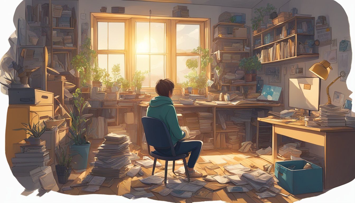 A person sitting in a dimly lit room, surrounded by clutter and feeling overwhelmed. Sunlight streams through a window, offering a glimmer of hope amidst the chaos